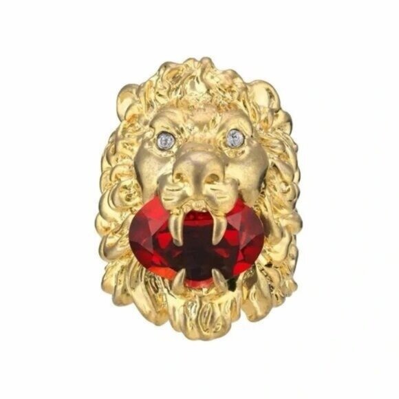 NEW Authentic Gucci Lion Head Motif Gemstone Ring In Gold & Red Sz S 6.5 - Picture 1 of 9